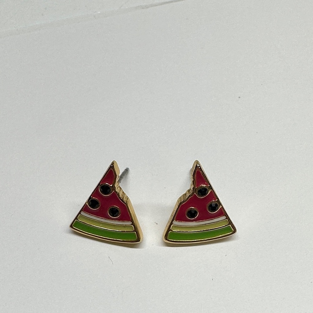 Kate Spade Watermelon Fruit Bite Earrings Stud 12K Gold Glass Stone Pink Shiny